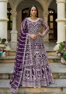 Purple Embroidered Net Anarkali With Dupatta