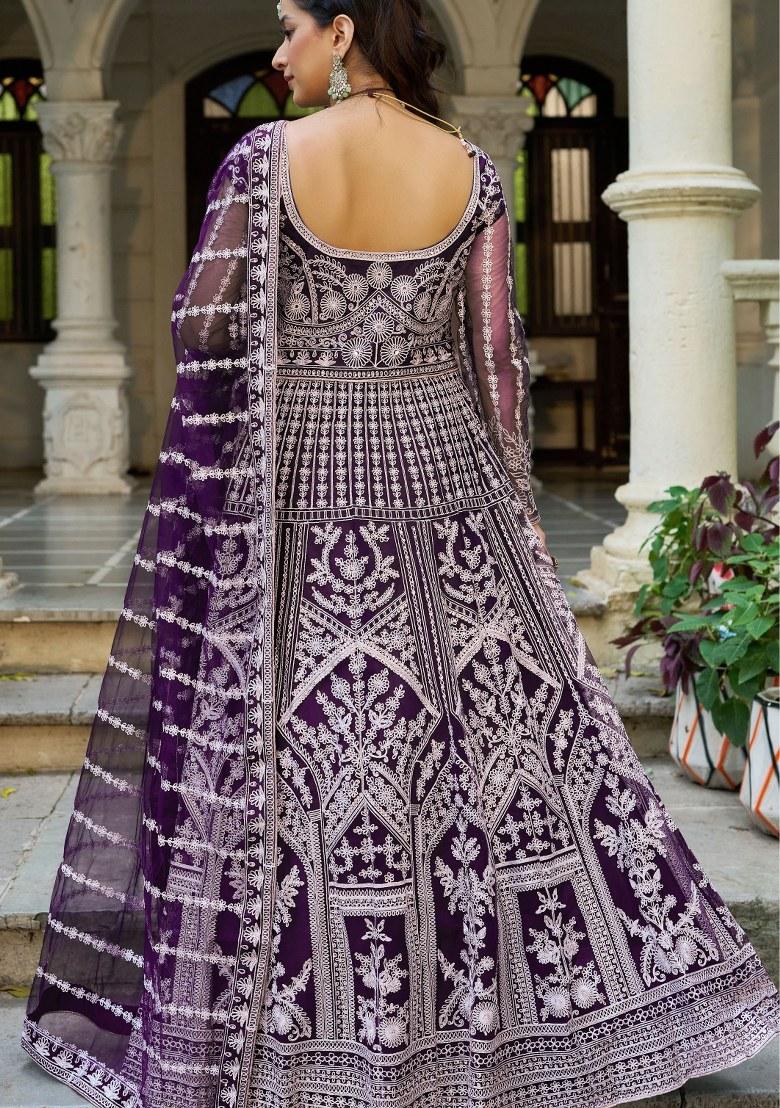 Purple Embroidered Net Anarkali With Dupatta - Indya