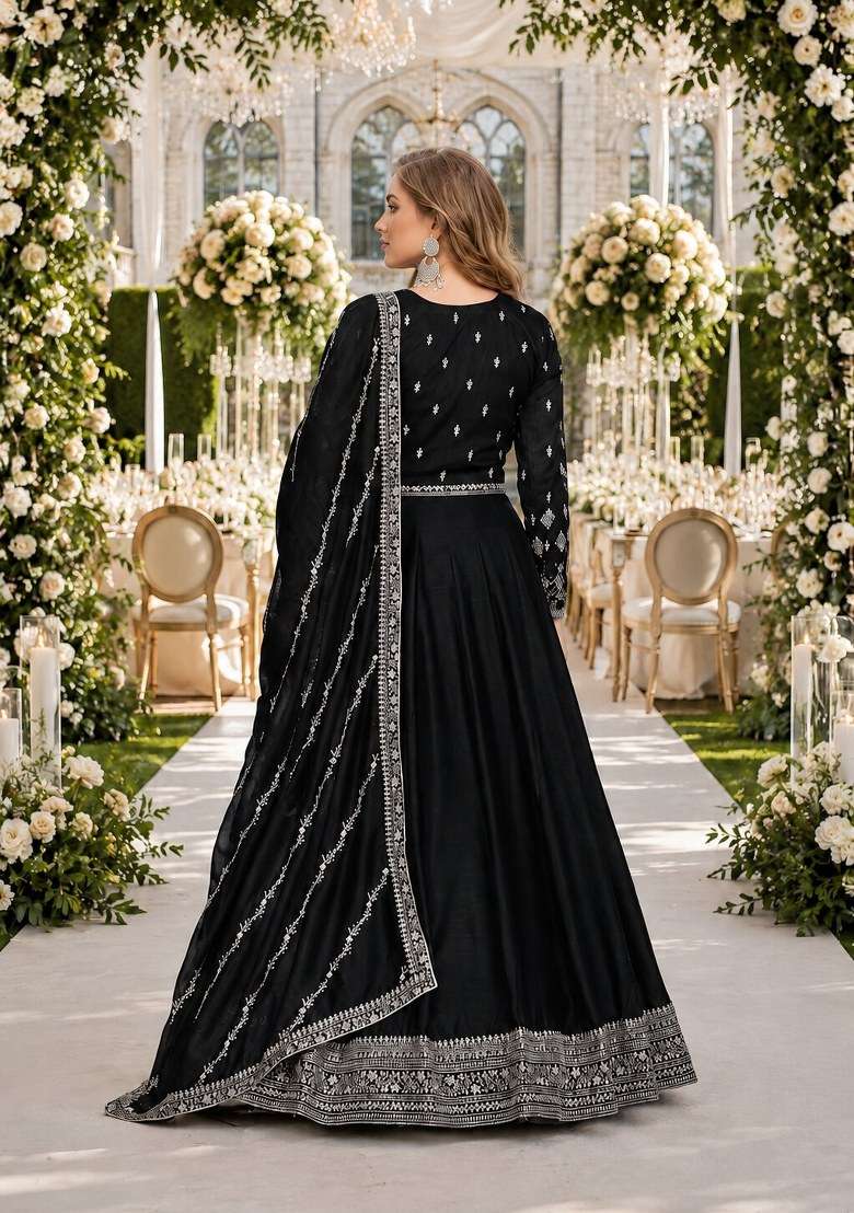 Black Embroidered Silk Anarkali Set - Indya