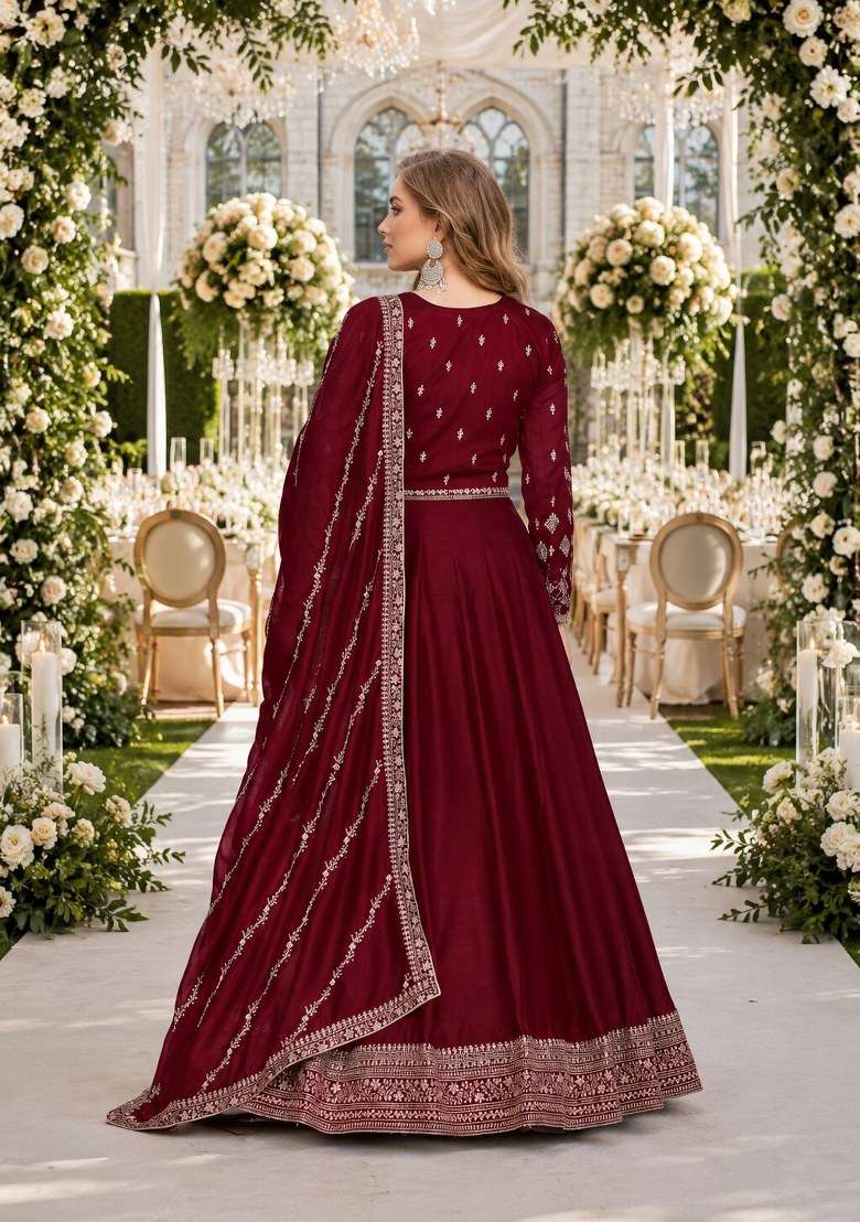 Maroon Embroidered Silk Anarkali Set - Indya