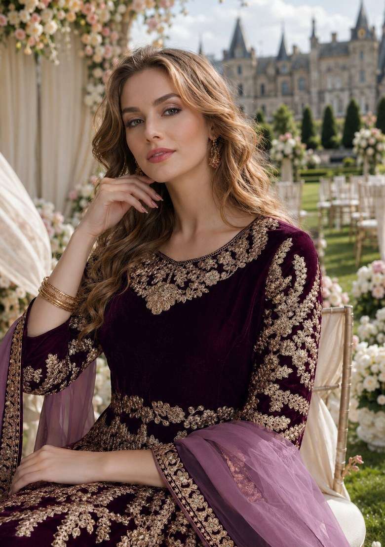 Dark Purple Embroidered Velvet Anarkali Set - Indya