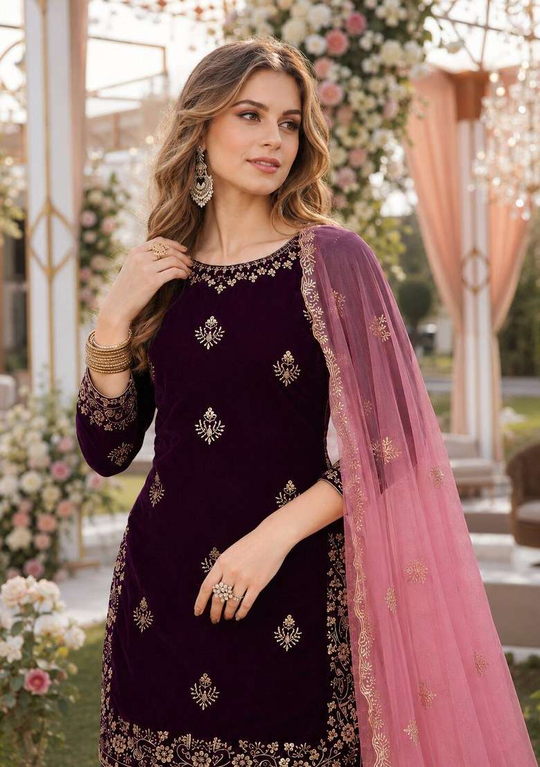Purple Embroidered Velvet Punjabi Suits Set - Indya