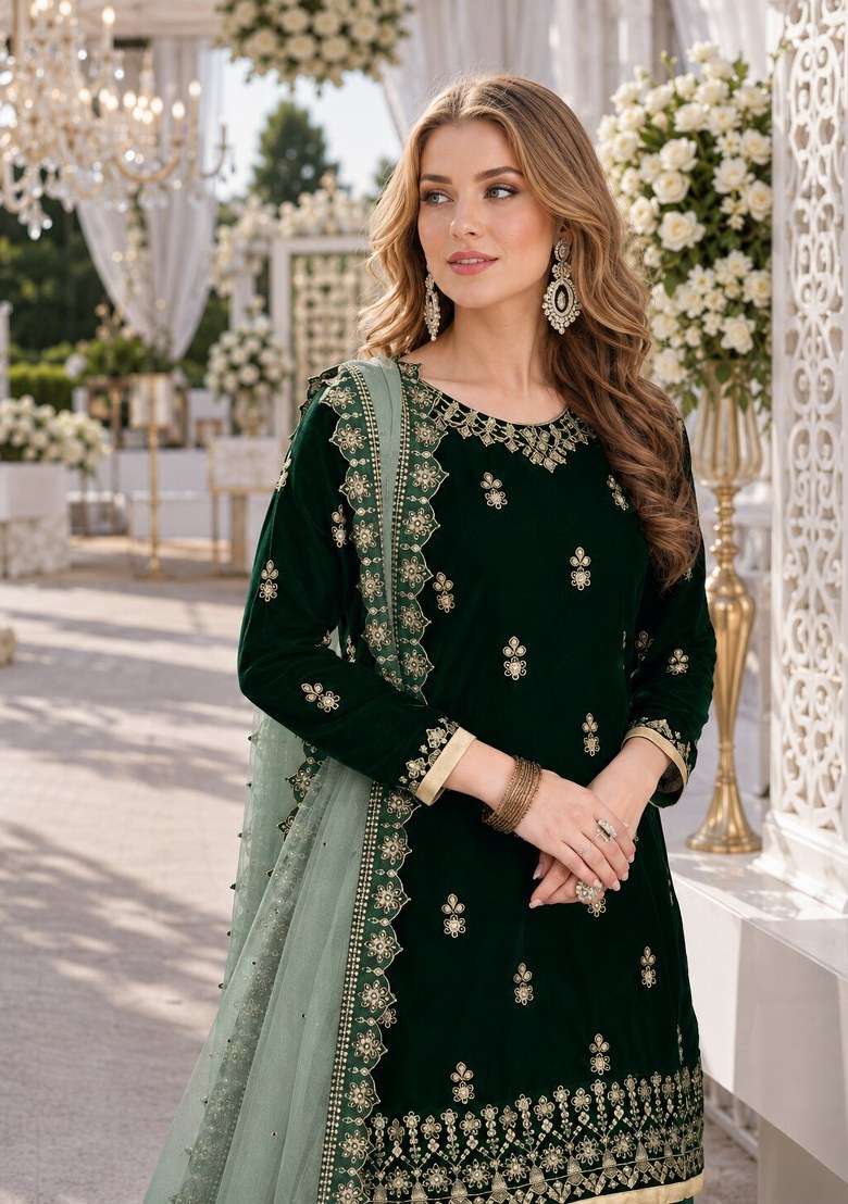 Green Embroidered Velvet Punjabi Suits Set - Indya