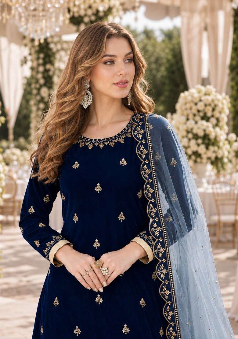 Navy Blue Embroidered Velvet Punjabi Suits Set - Indya