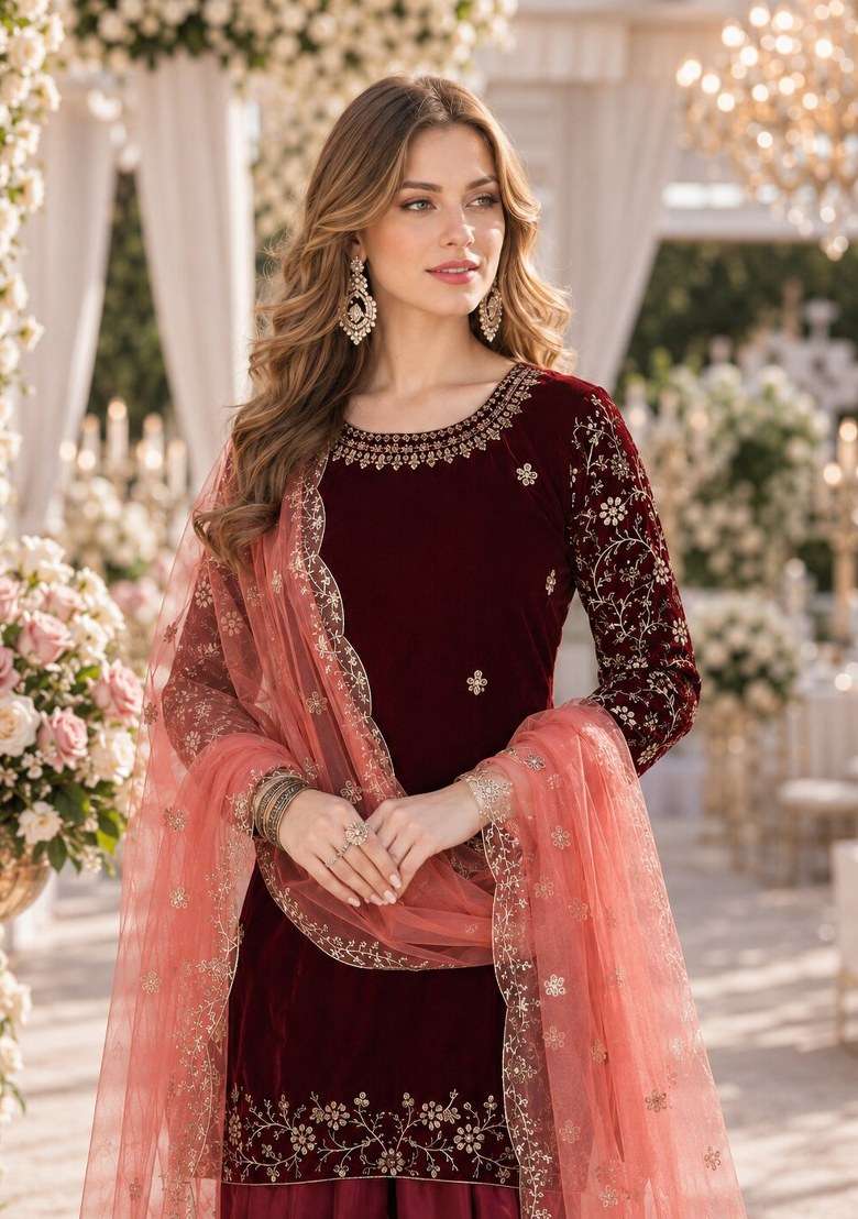 Maroon Embroidered Velvet Punjabi Suits Set - Indya