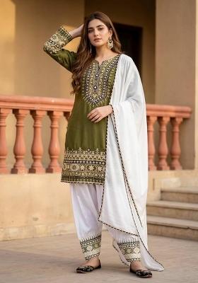 Mehendi Embroidered Silk Kurta Set