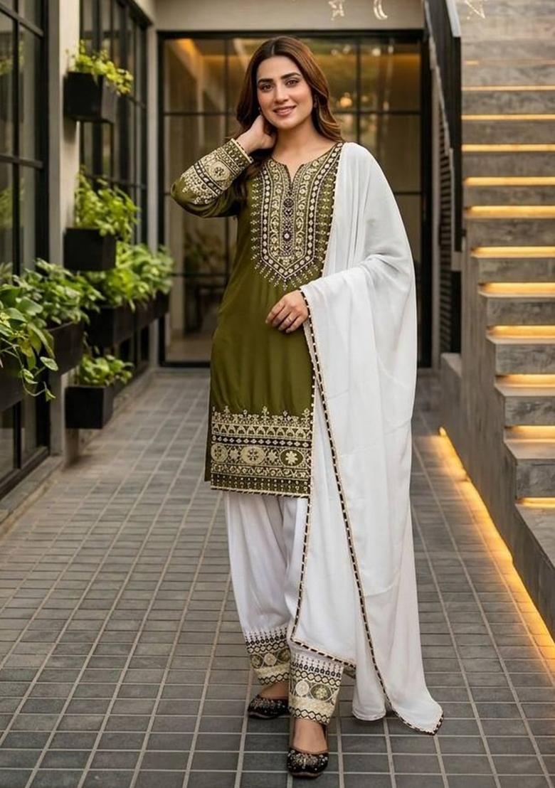 Mehendi Embroidered Silk Kurta Set - Indya