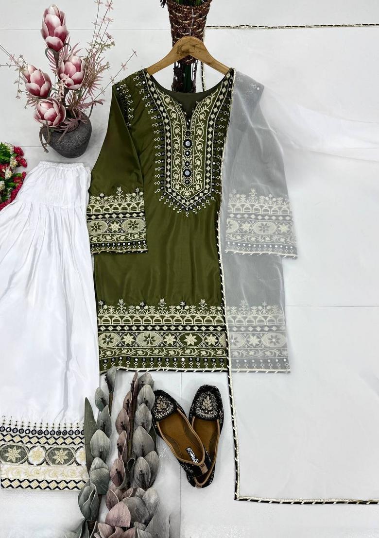 Mehendi Embroidered Silk Kurta Set - Indya