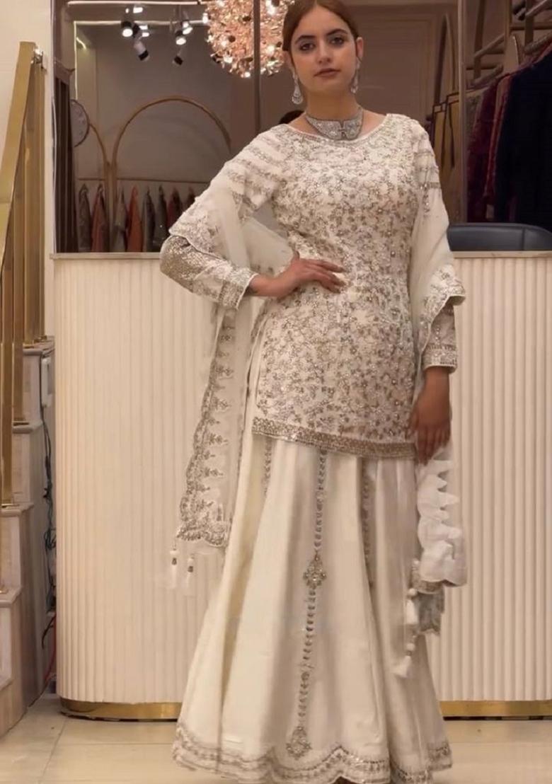 White Embroidered Georgette Kurta Set - Indya