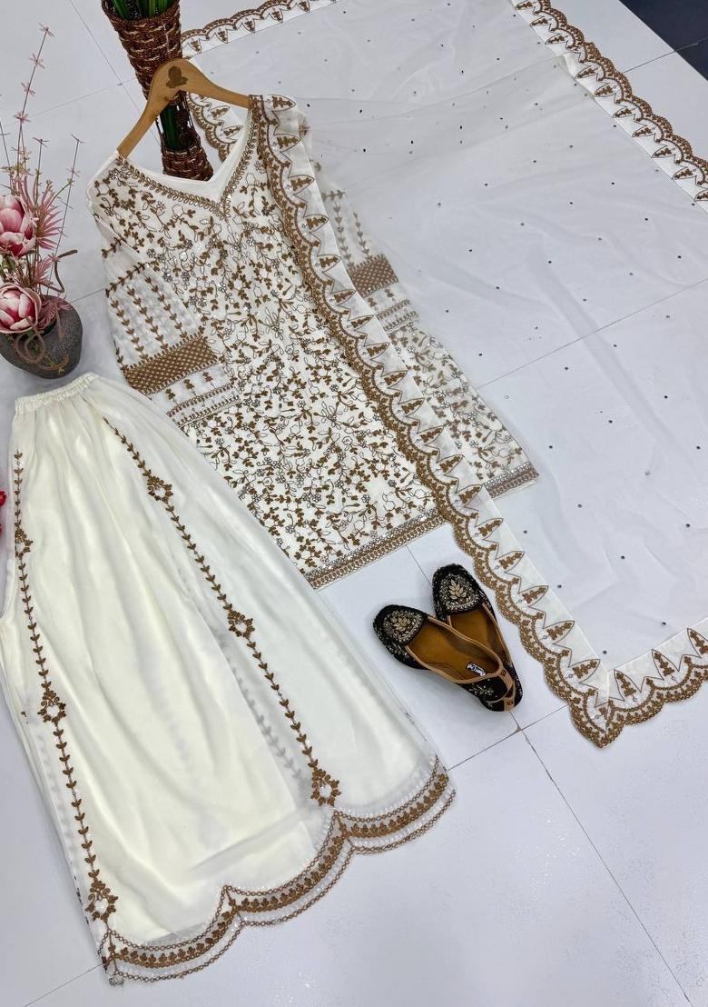 White Embroidered Georgette Kurta Set - Indya