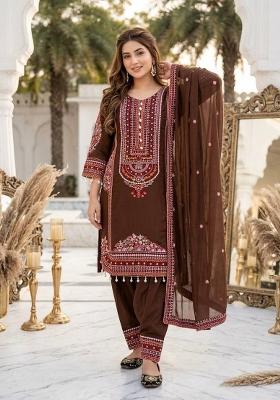 Brown Embroidered Chanderi&nbsp; Kurta Set
