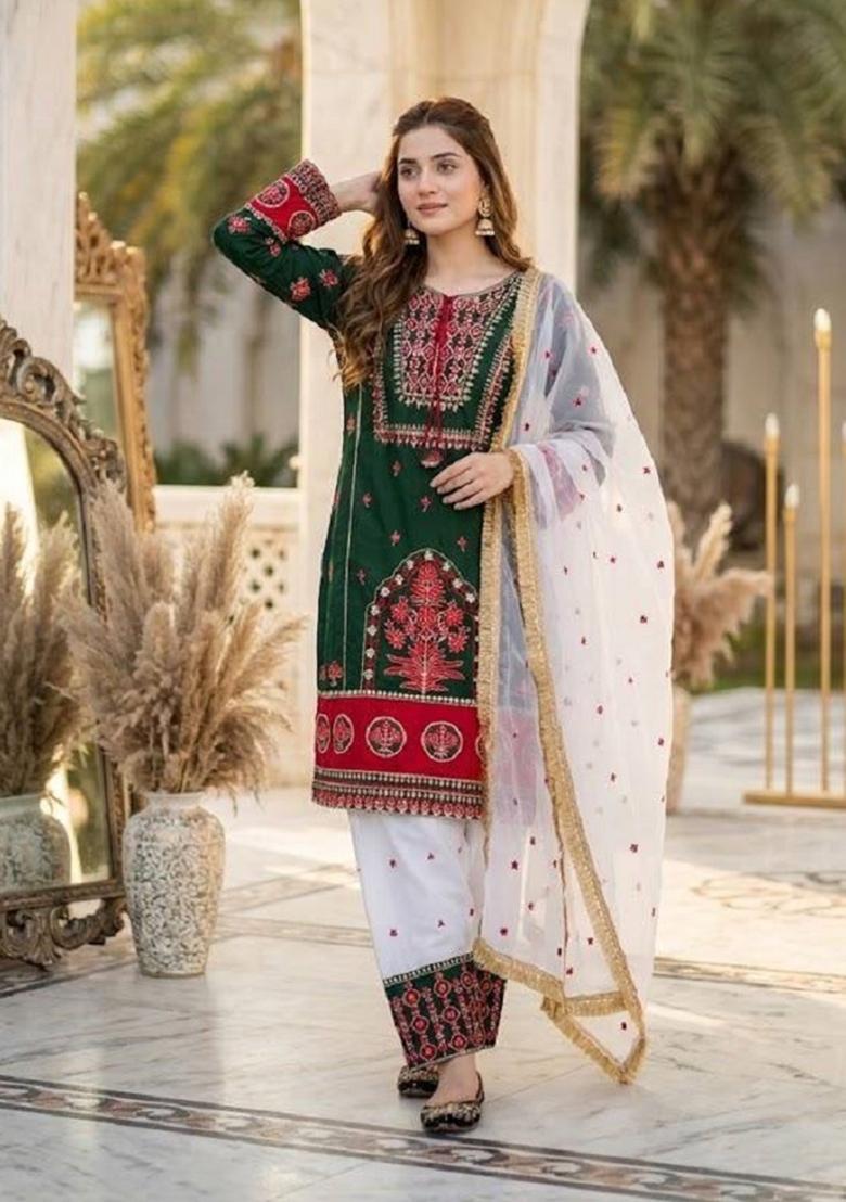 Green Embroidered Silk Kurta Set - Indya