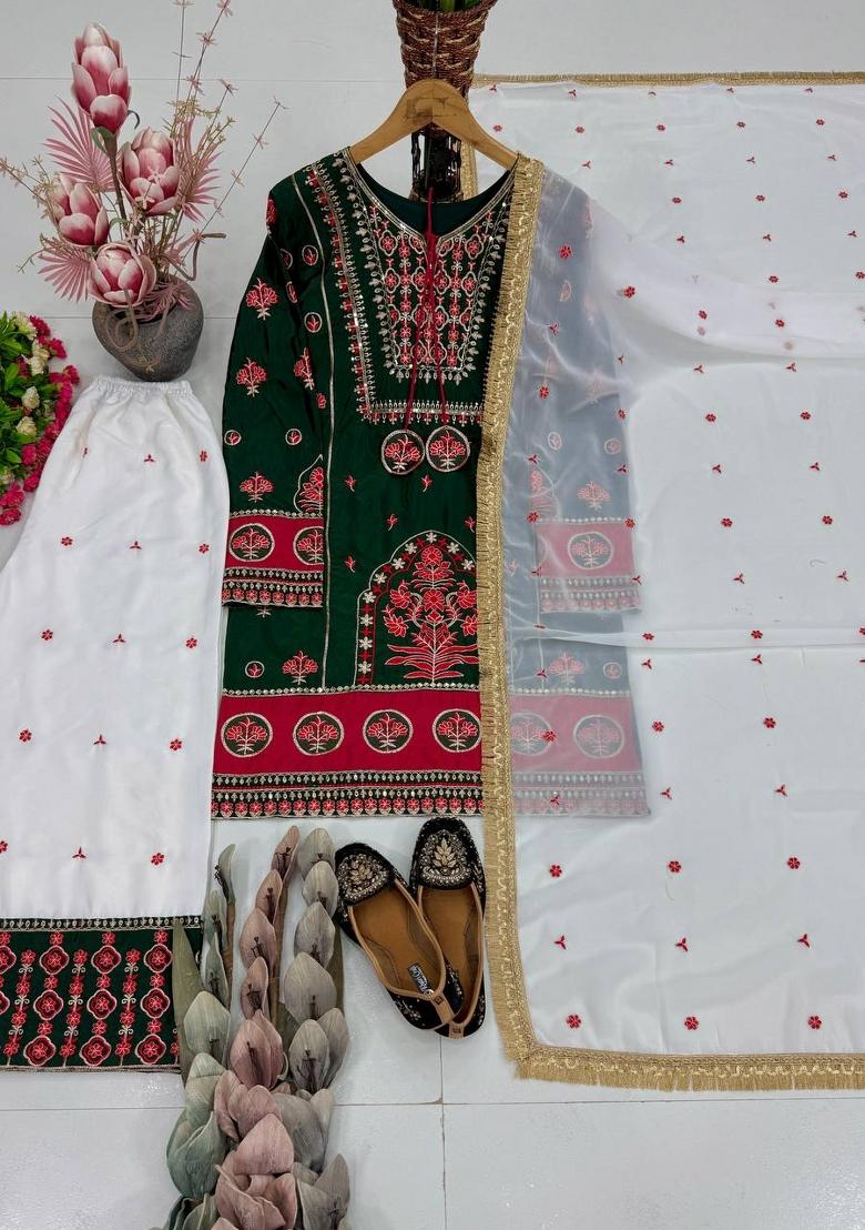 Green Embroidered Silk Kurta Set - Indya