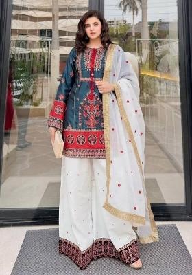 Sky Blue Embroidered Silk Kurta Set