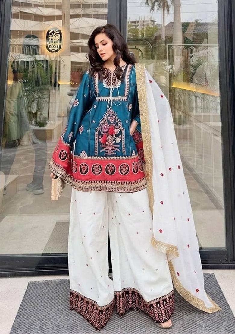 Sky Blue Embroidered Silk Kurta Set - Indya
