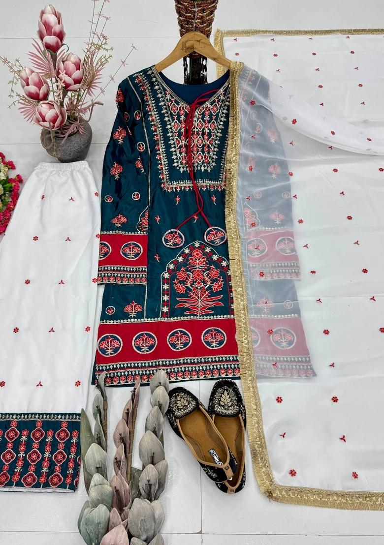 Sky Blue Embroidered Silk Kurta Set - Indya