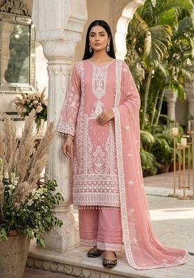 Peach Embroidered Georgette Kurta Set