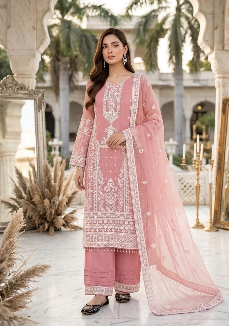 Peach Embroidered Georgette Kurta Set - Indya