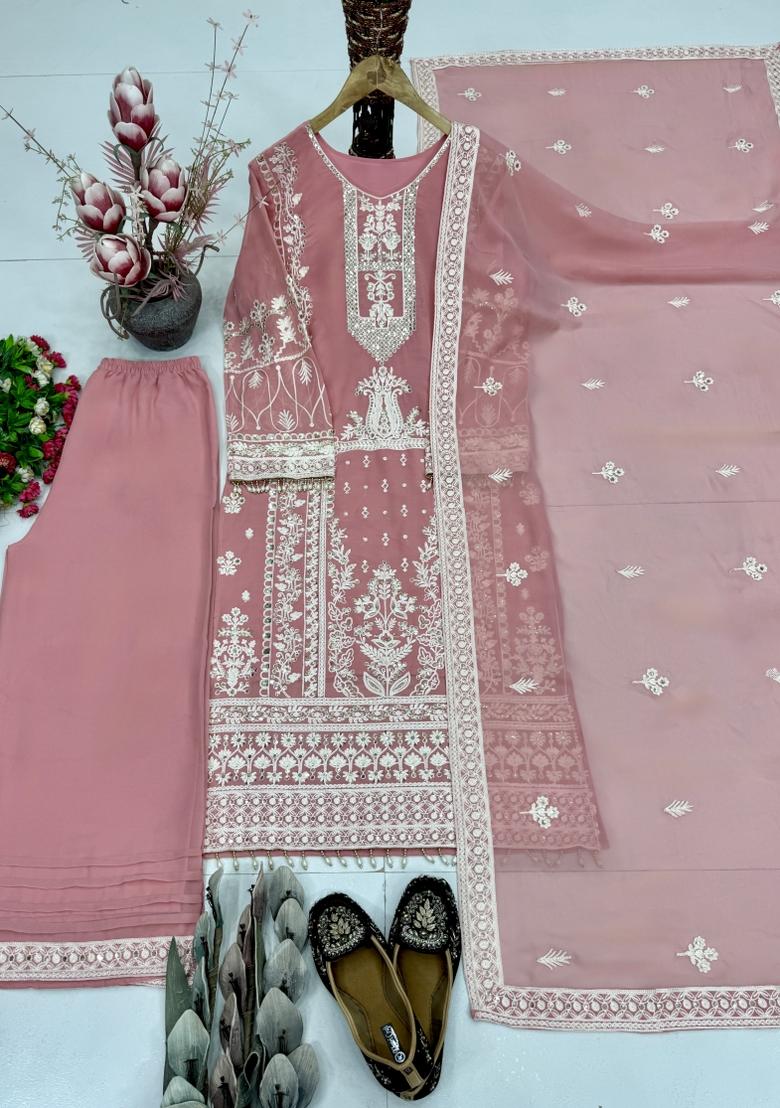 Peach Embroidered Georgette Kurta Set - Indya