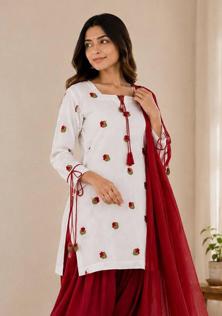 White Embroidered Cotton Kurta Set - Indya