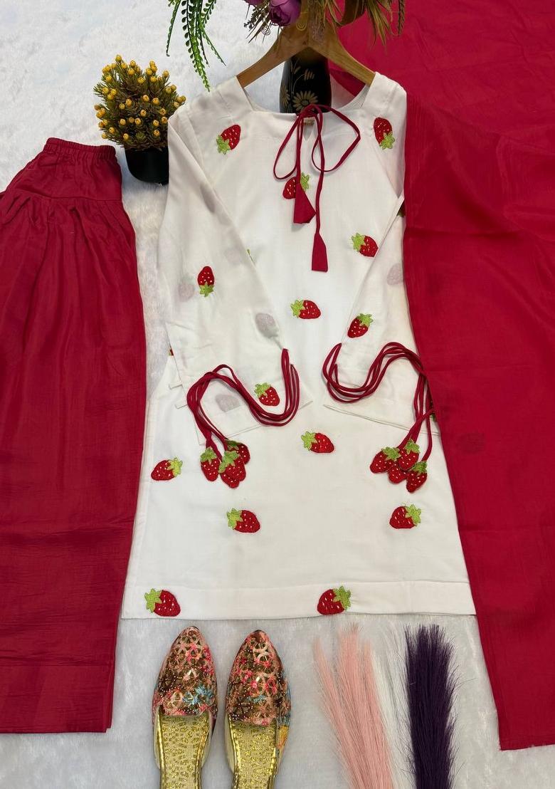 White Embroidered Cotton Kurta Set - Indya