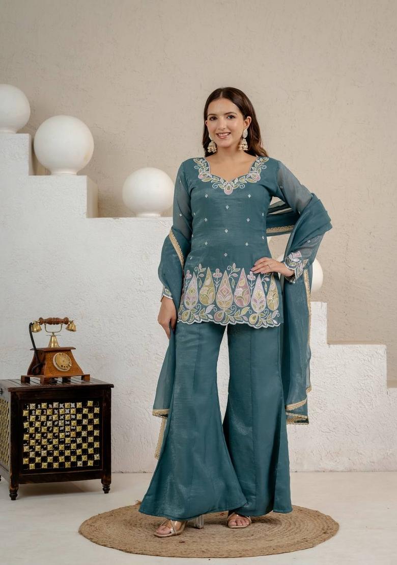 Sky Green Embroidered Silk Kurta Set - Indya