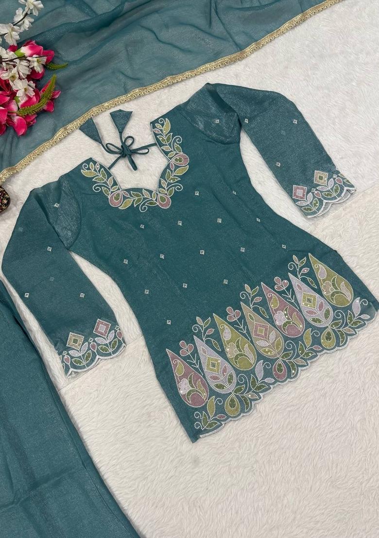 Sky Green Embroidered Silk Kurta Set - Indya