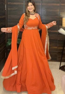 Orange Embroidered Georgette Anarkali Set