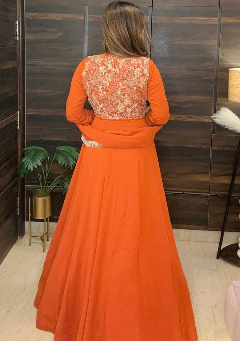 Orange Embroidered Georgette Anarkali Set - Indya