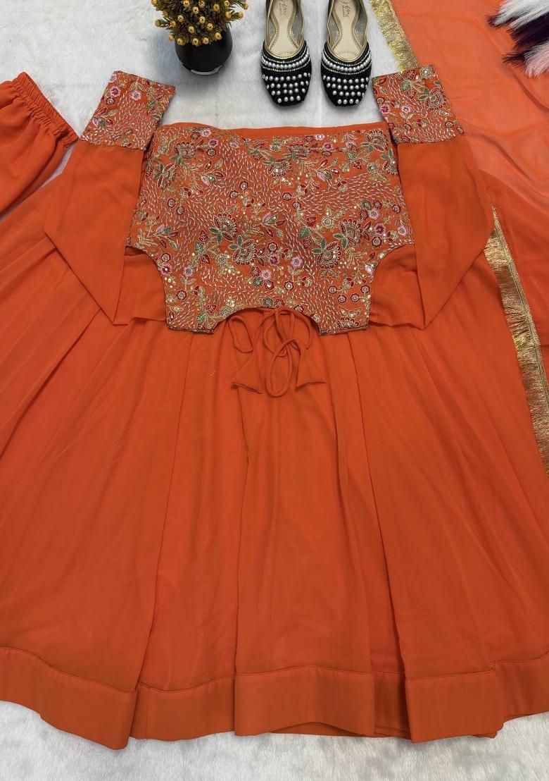 Orange Embroidered Georgette Anarkali Set - Indya