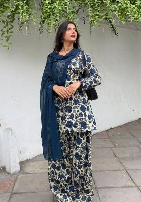 Blue Embroidered Cotton Kurta Set