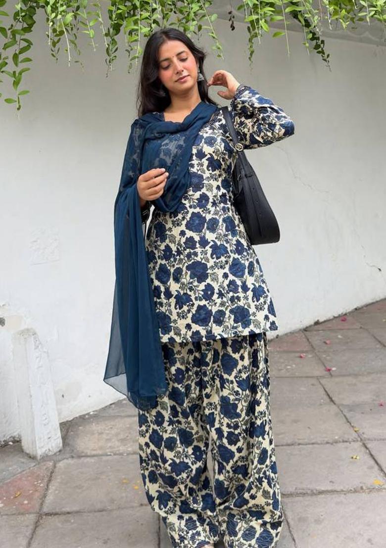 Blue Embroidered Cotton Kurta Set - Indya