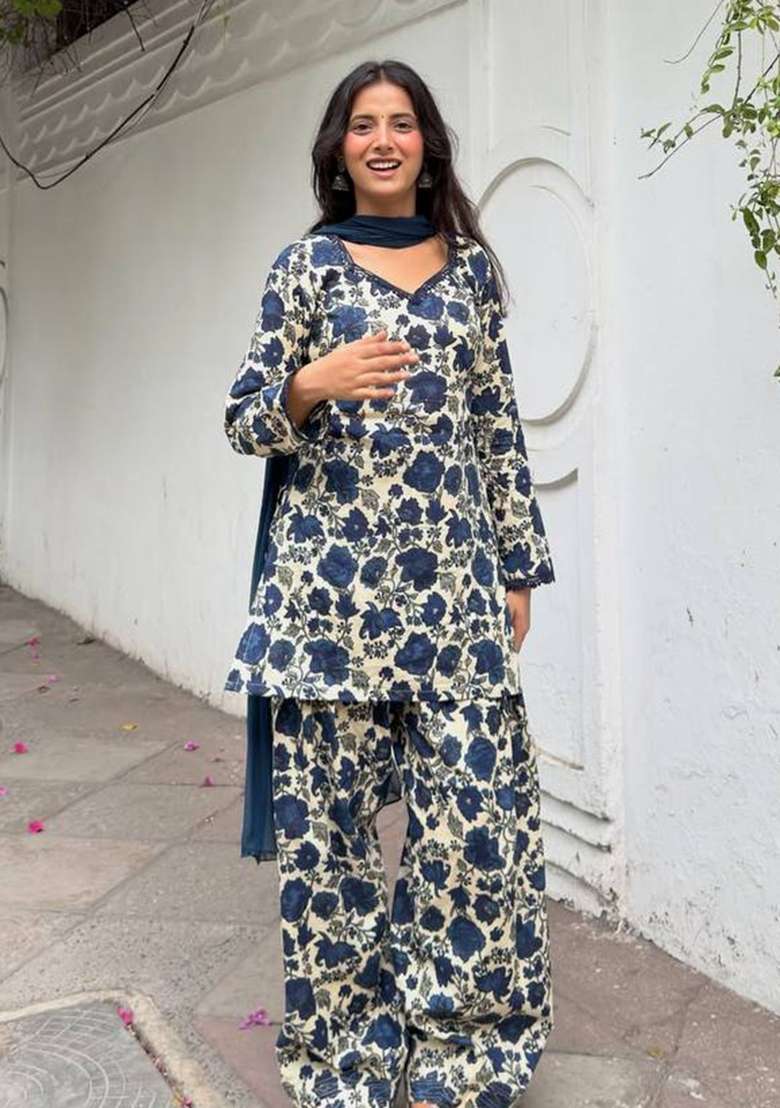 Blue Embroidered Cotton Kurta Set - Indya