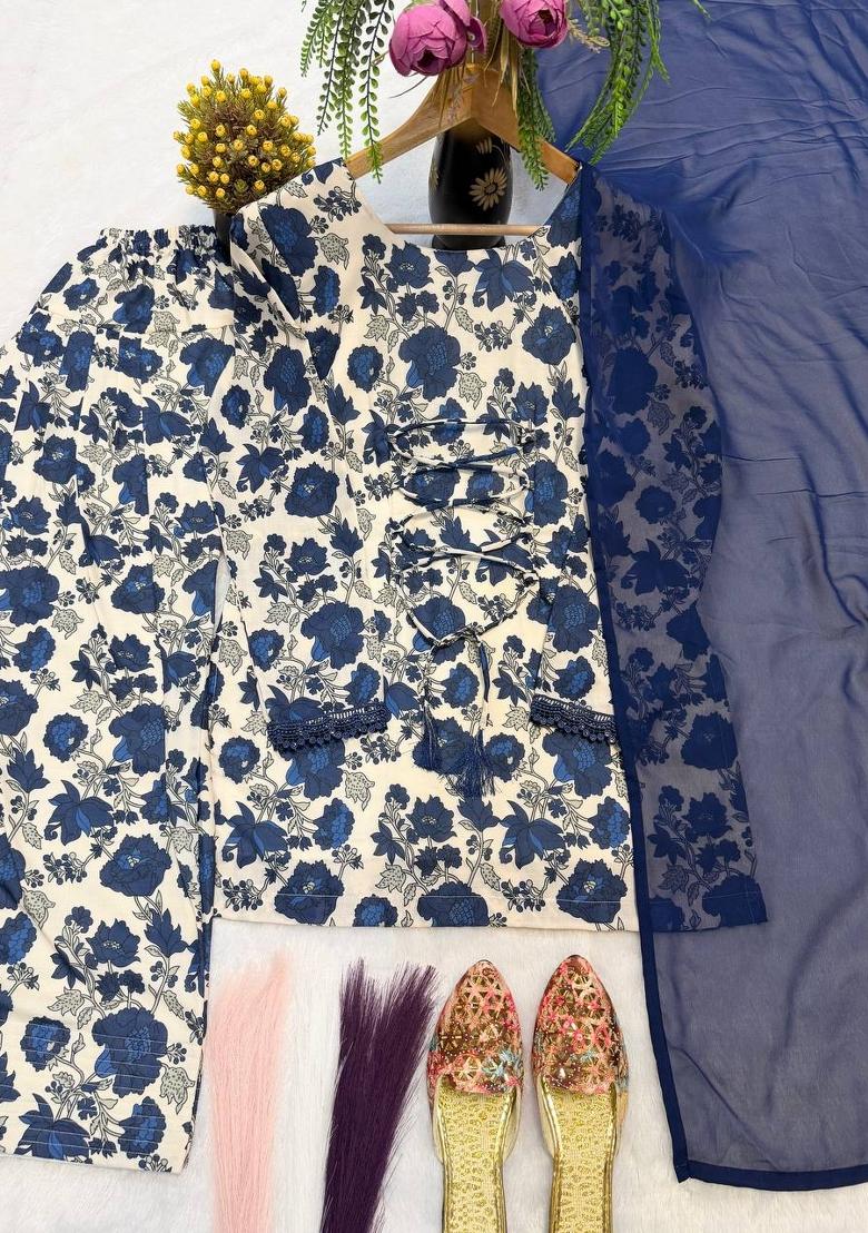 Blue Embroidered Cotton Kurta Set - Indya