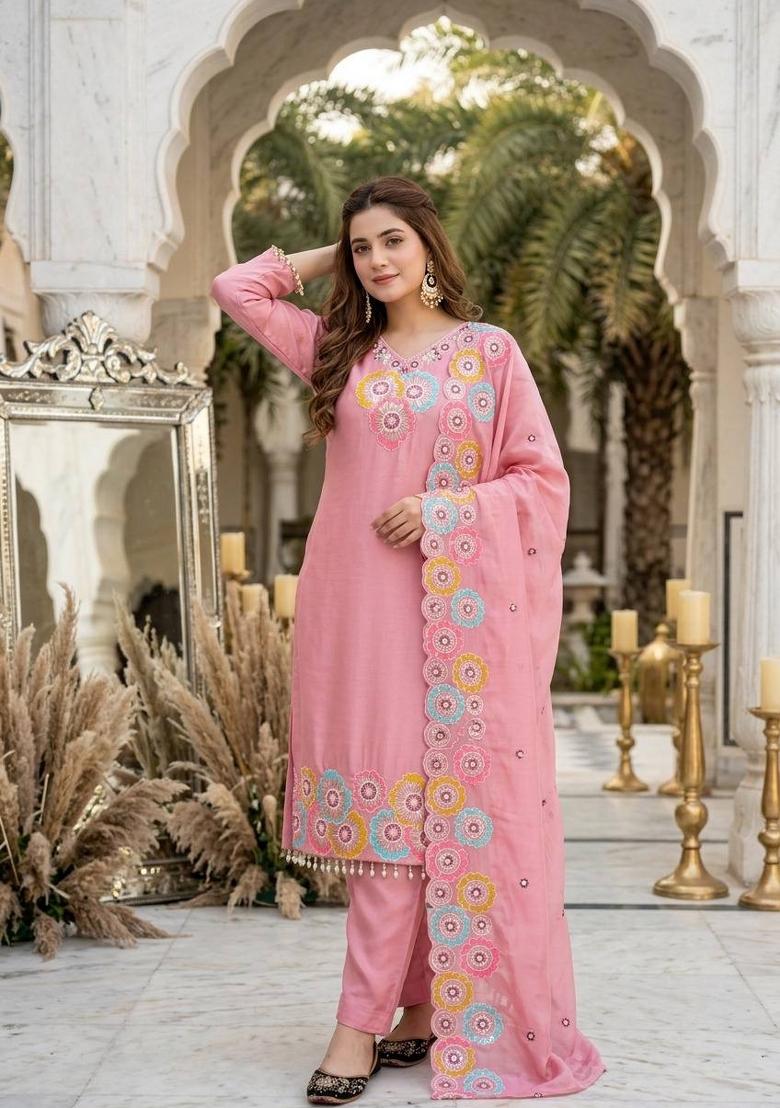 Pink Embroidered Silk Kurta Set - Indya