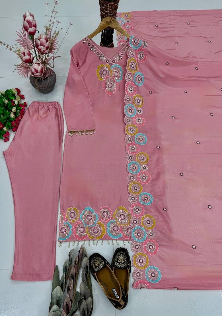 Pink Embroidered Silk Kurta Set - Indya