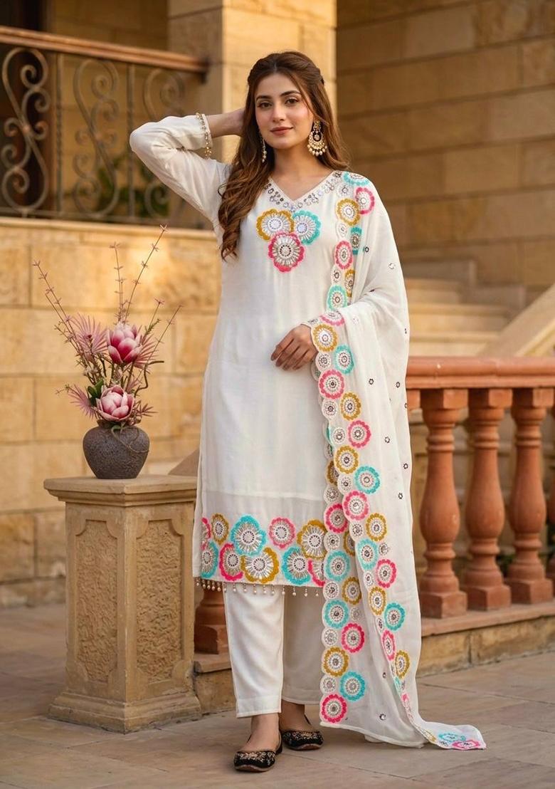 White Embroidered Silk Kurta Set - Indya