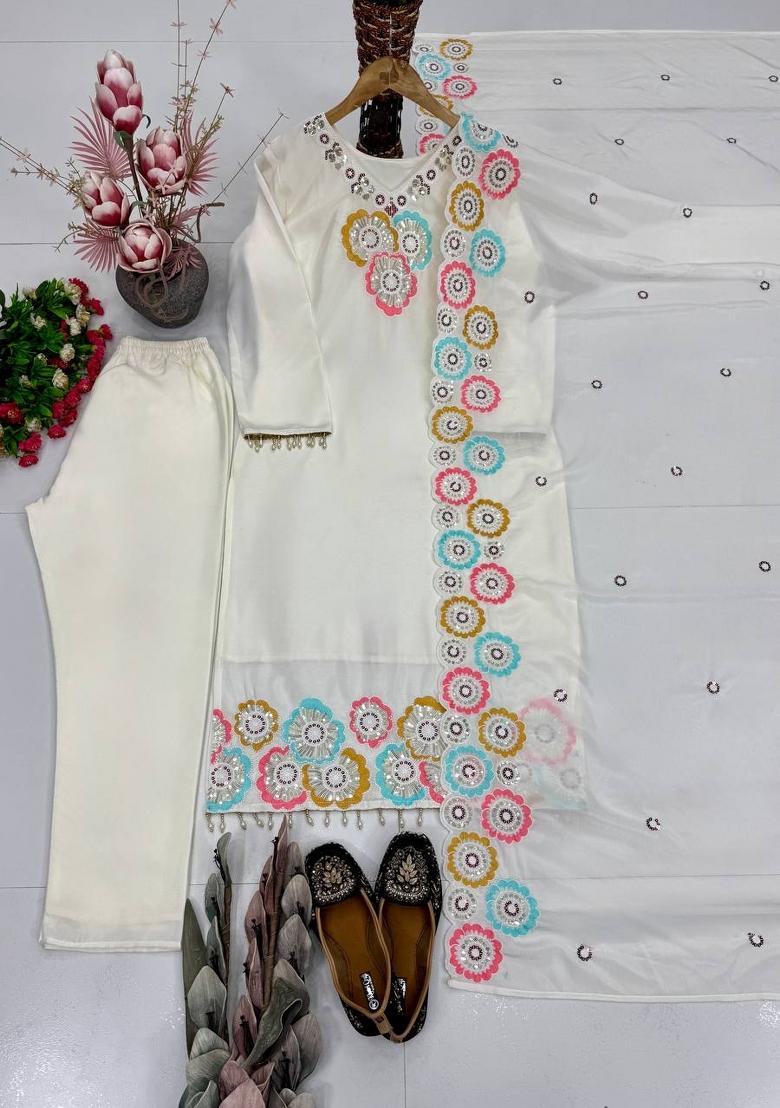 White Embroidered Silk Kurta Set - Indya