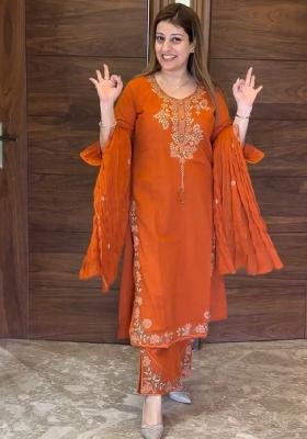 Orange Embroidered Silk Kurta Set