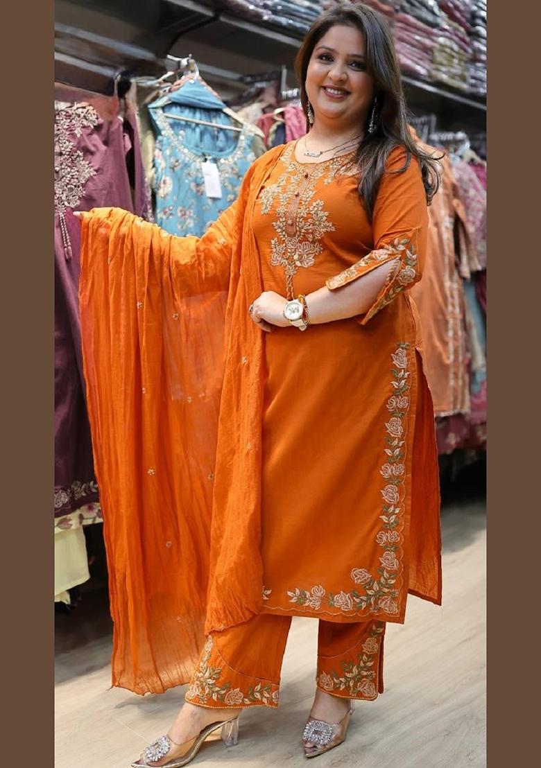 Orange Embroidered Silk Kurta Set - Indya