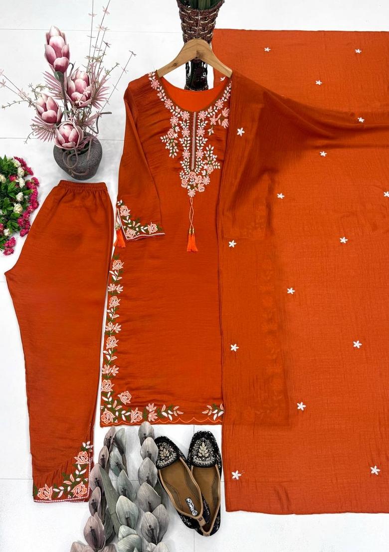 Orange Embroidered Silk Kurta Set - Indya