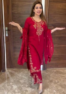 Red Embroidered Silk Kurta Set
