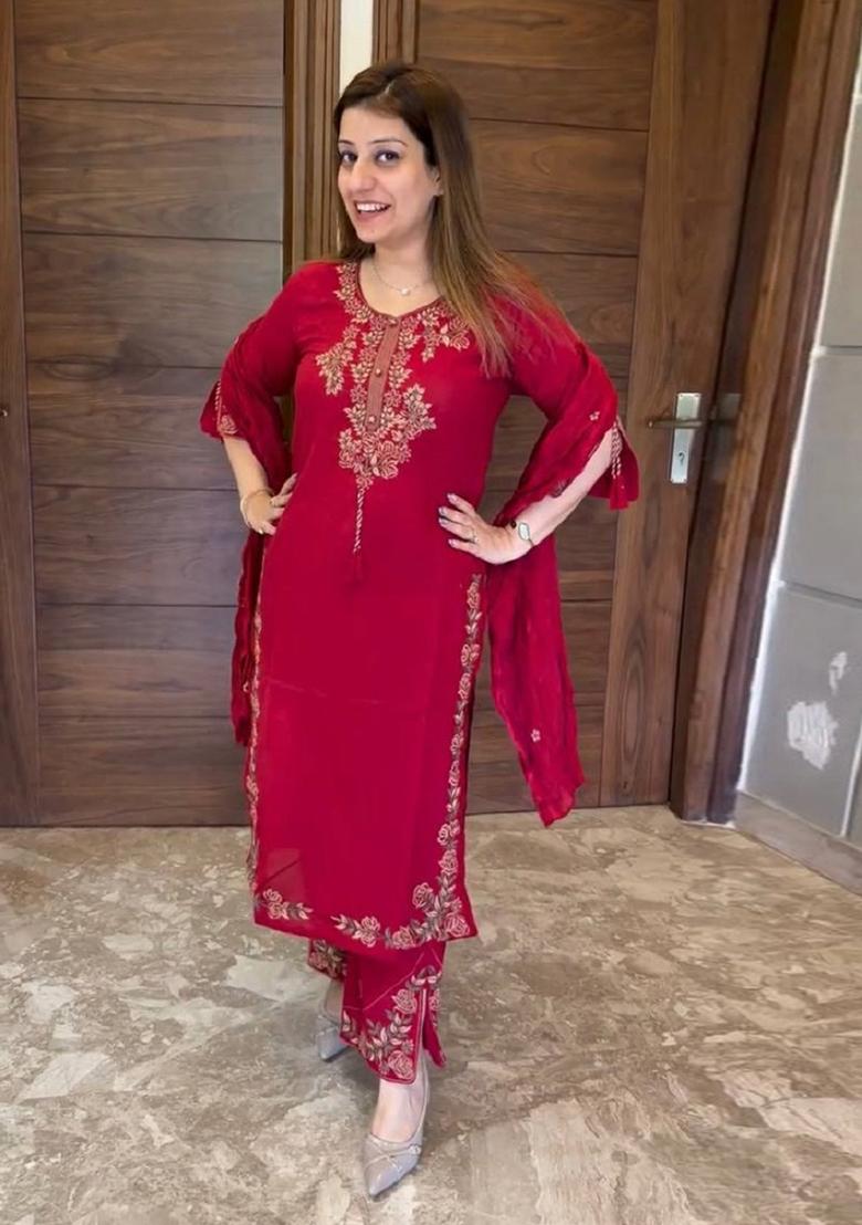 Red Embroidered Silk Kurta Set - Indya