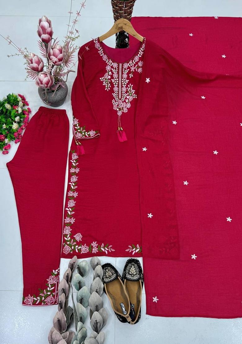 Red Embroidered Silk Kurta Set - Indya