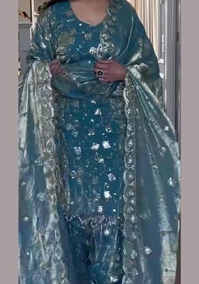 Sky Blue Embroidered Silk Kurta Set