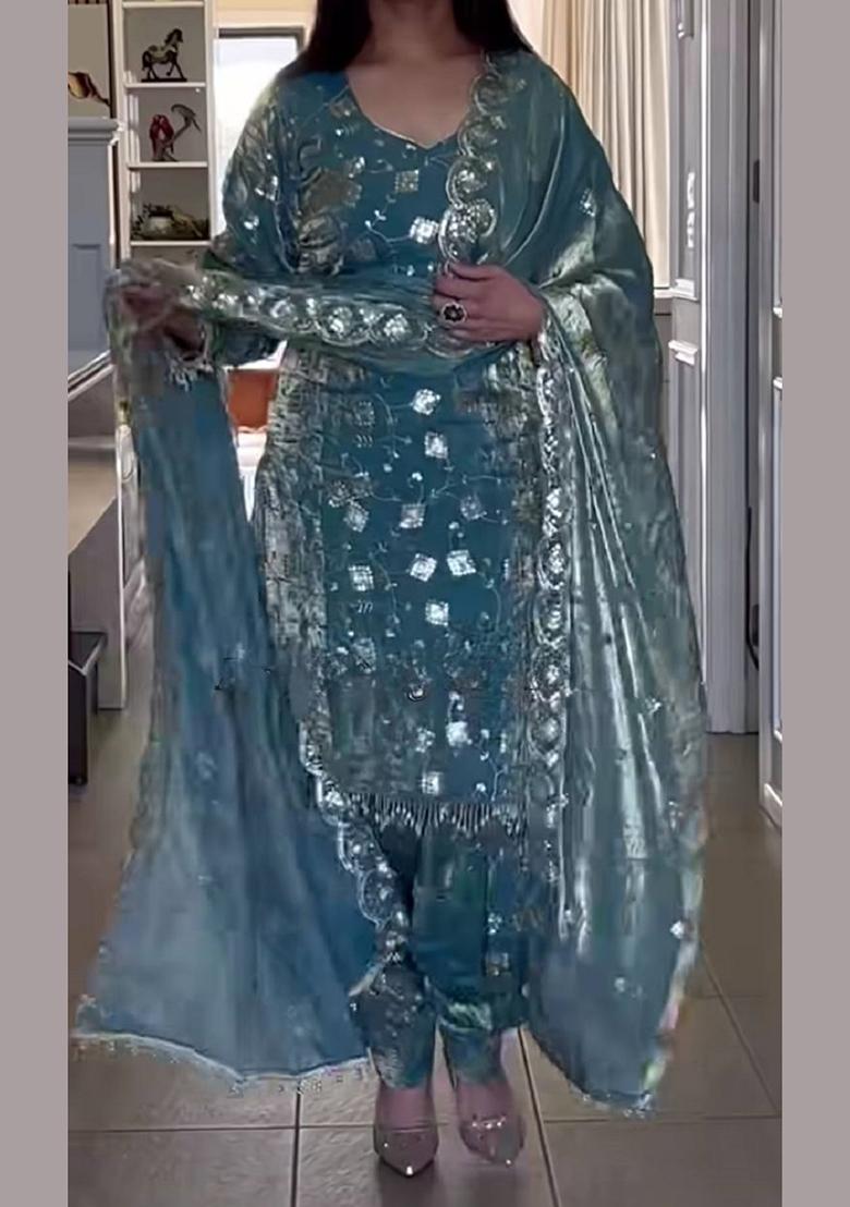 Sky Blue Embroidered Silk Kurta Set - Indya