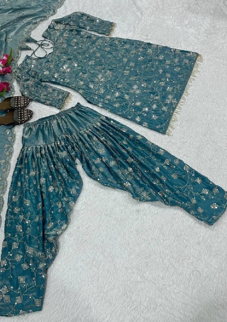 Sky Blue Embroidered Silk Kurta Set - Indya