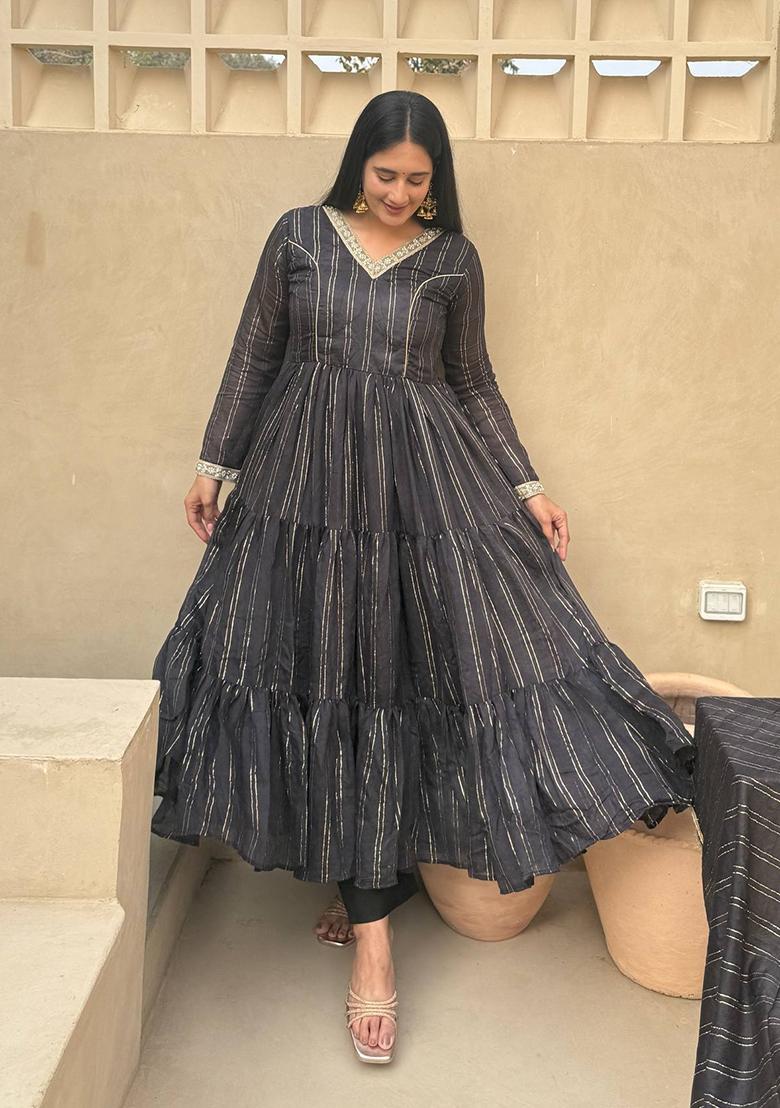 Black Embroidered Brocade Anarkali Set - Indya