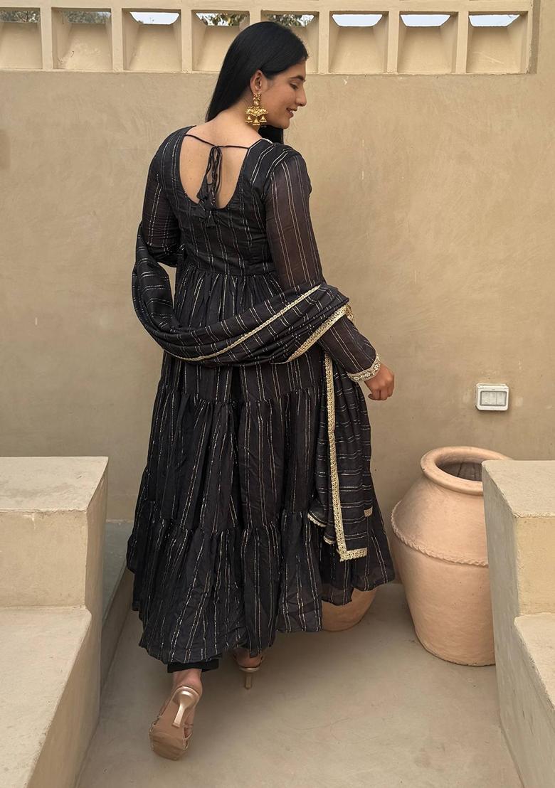 Black Embroidered Brocade Anarkali Set - Indya