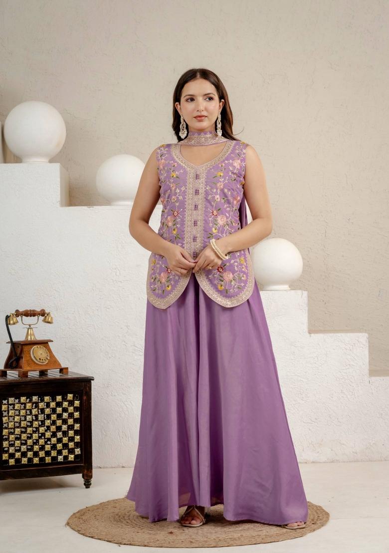 Lavender Embroidered Silk Sharara Set - Indya